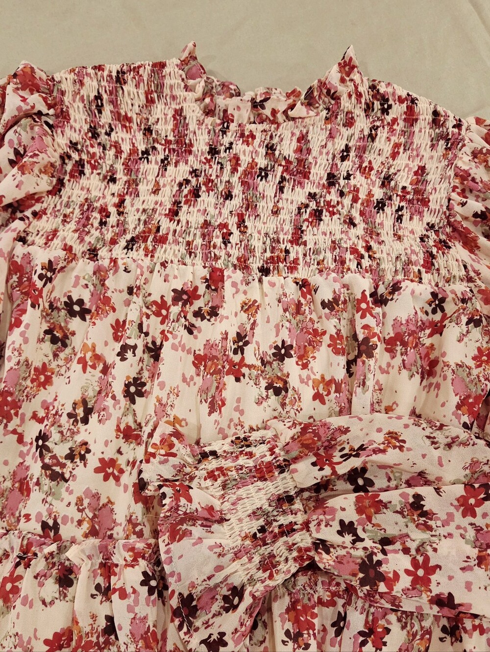 Entro Floral Tiered Mini Dress Women’s L Smocked Ruffle Long Sleeve Boho